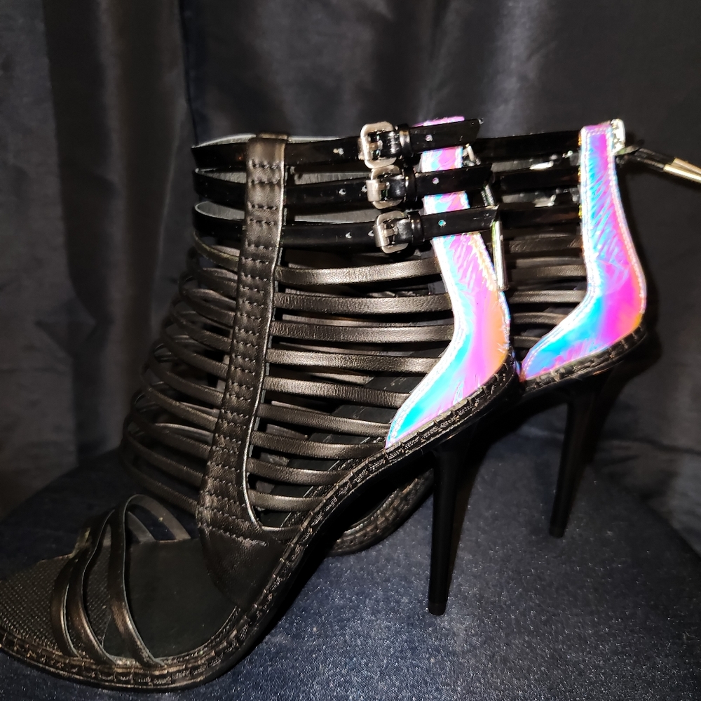 L.A.M.B. Black Strappy Heels with Iridescent Pink-Blue Accent